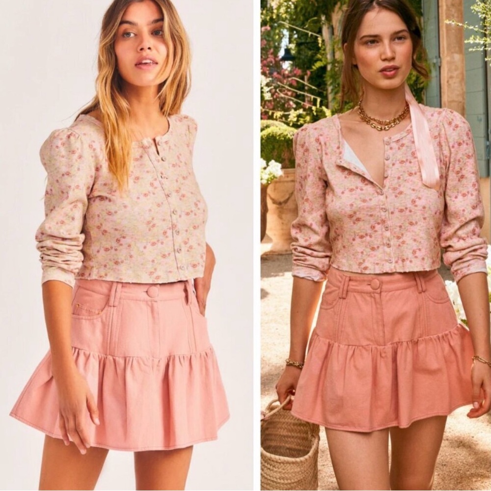 LoveShackFancy Pink Floral Cropped Cardigan and Blouse